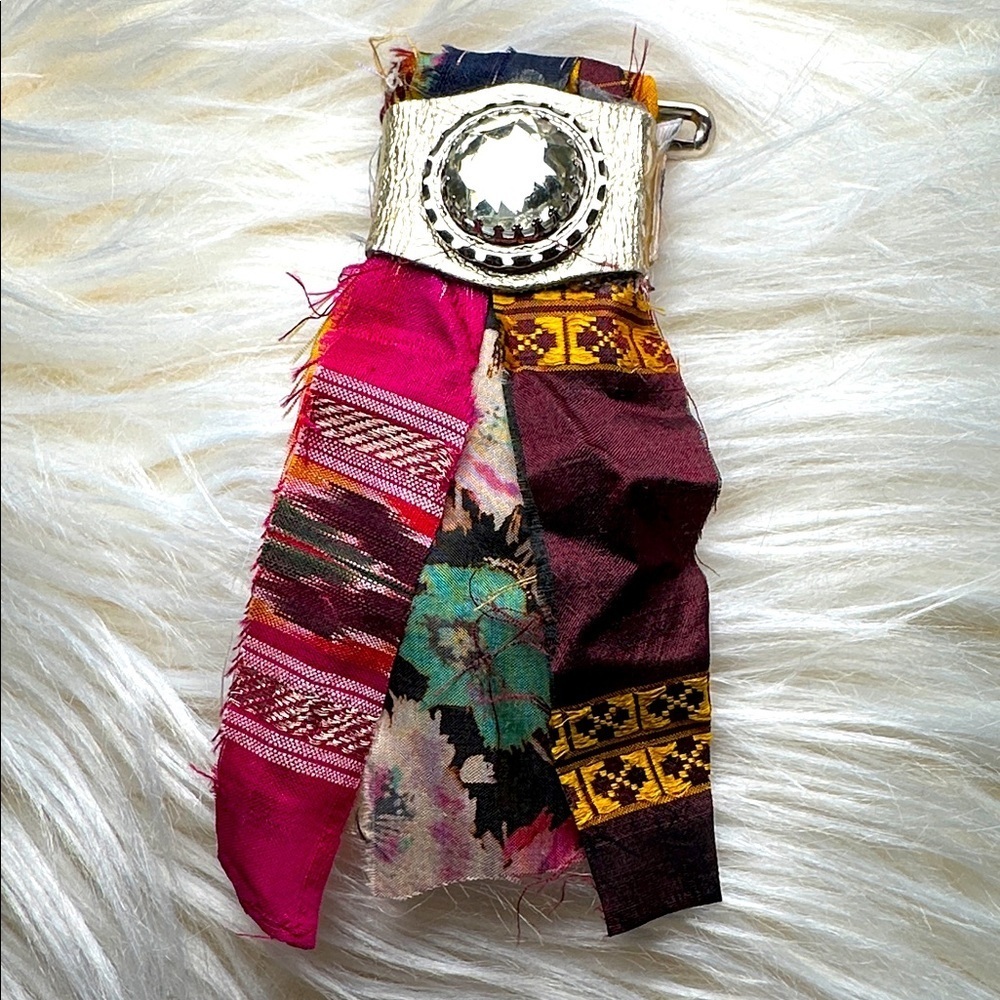 Boho | Fabric Brooch |,Hand Crafted Pin Crystal Embellished 5’ Silk and Lace
